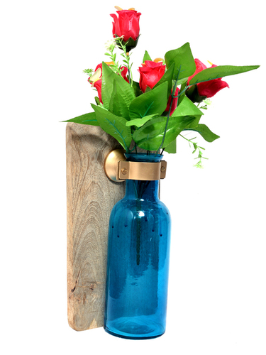 Sky Blue Indian Home Decorative Wooden Wall Panel Flower Glass Bottle Pot
