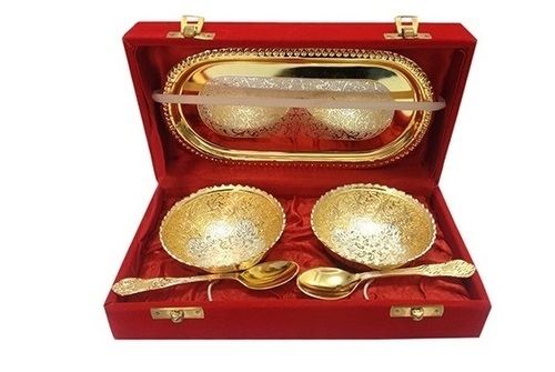 GOLD PLATED BOWL TRAY & SPOONS SET IN RED VELVET GIFT BOX