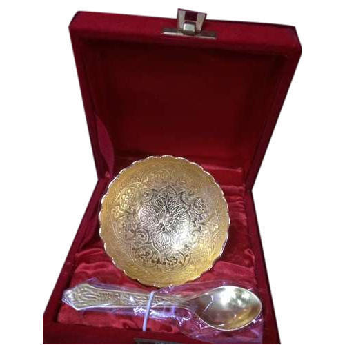 GOLD PLATED BOWL TRAY & SPOONS SET IN RED VELVET GIFT BOX