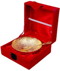GOLD PLATED BOWL TRAY & SPOONS SET IN RED VELVET GIFT BOX