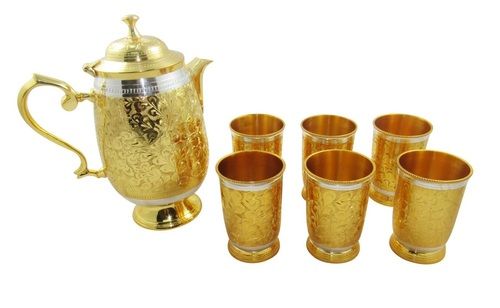 GOLD SILVER PLATED SIX LEMON GLASS JUG SET