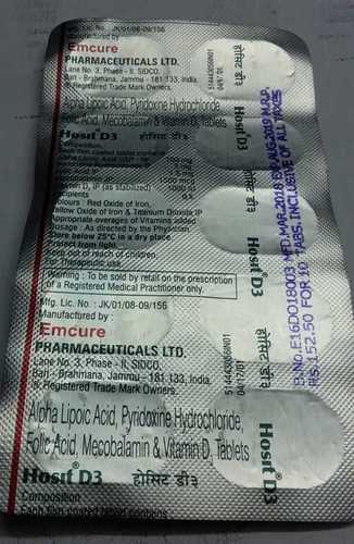 HOSIT D3 Tablets - 150 mg Alpha Lipoic Acid, Pyridoxine Hydrochloride & Folic Acid | Neuron Support for Adults in Diabetes, Store in Dry Place