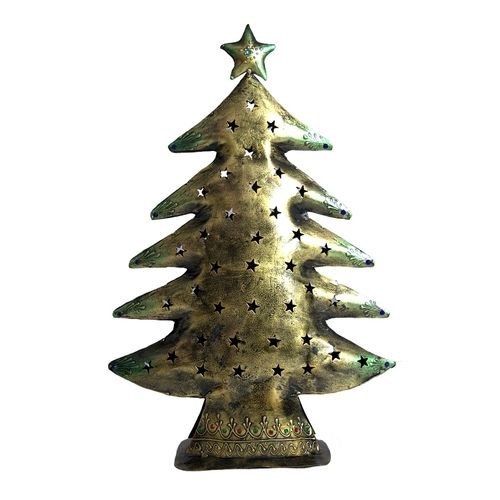 Home Decorative Indian Handmade Christmas Tree Design Tea Light Candle Metal Holder - Color: Brass