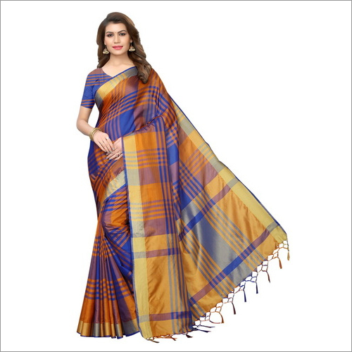 New Design Saree In Cotton Silk With Ikkat Checks