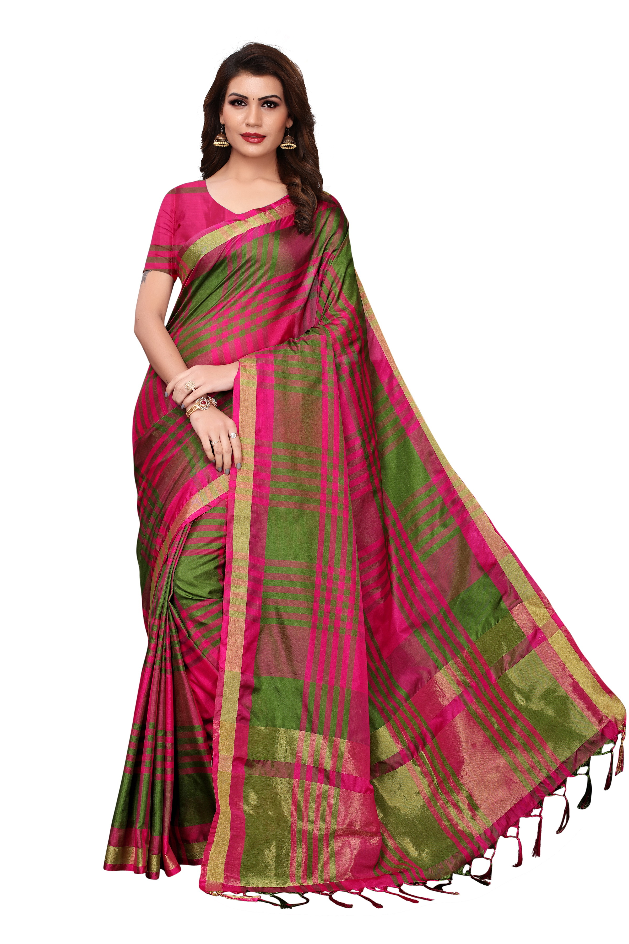 New Design Saree In Cotton Silk With Ikkat Checks