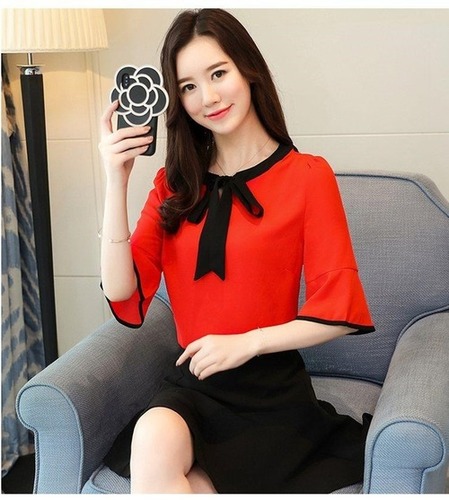 Girls Top - Crepe, Size: S, M, L, XL, Color: Red | Modern Design, Washable, All-Season Wear, Plain Pattern for Trendy Style