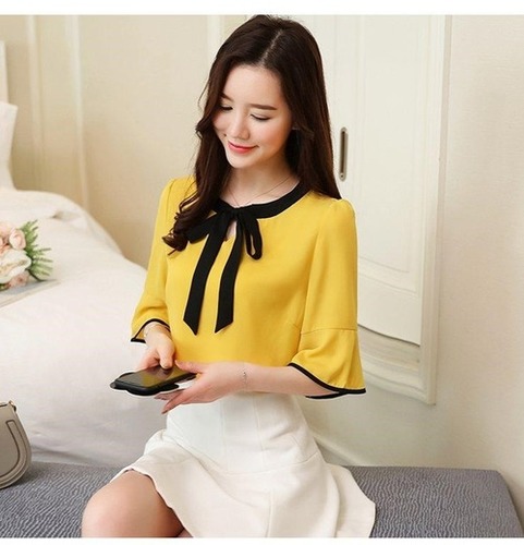 Top for Girl - Crepe, Sizes [S, M, L, XL], Yellow Color, Printed Pattern | Washable, All Season Comfort, Perfect for Stylish Casual Outfits
