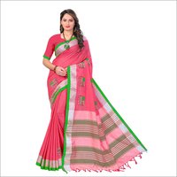 Linen Elephant Multi Embroidery Work Saree With Jhalar