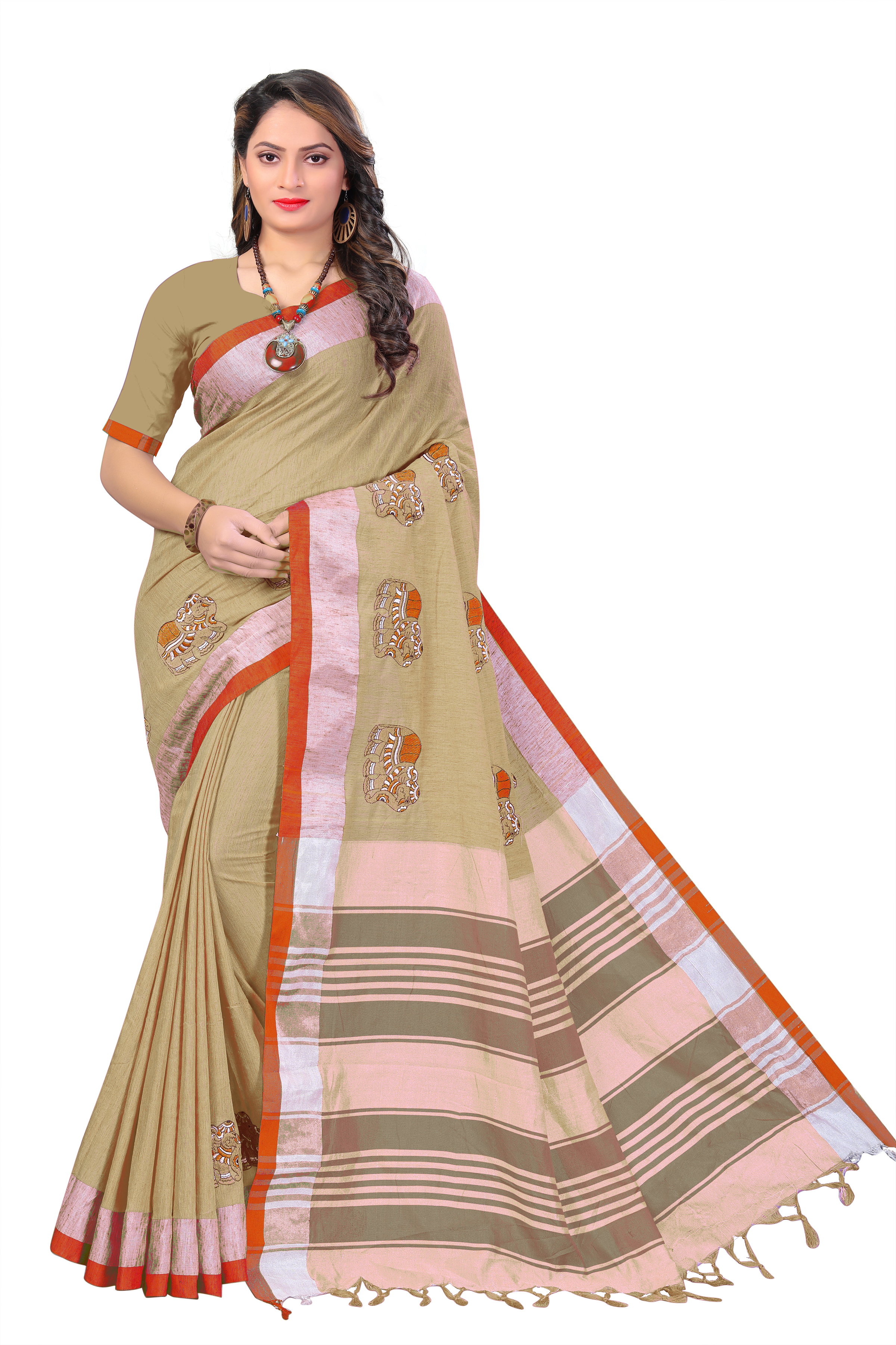 Linen Elephant Multi Embroidery Work Saree With Jhalar