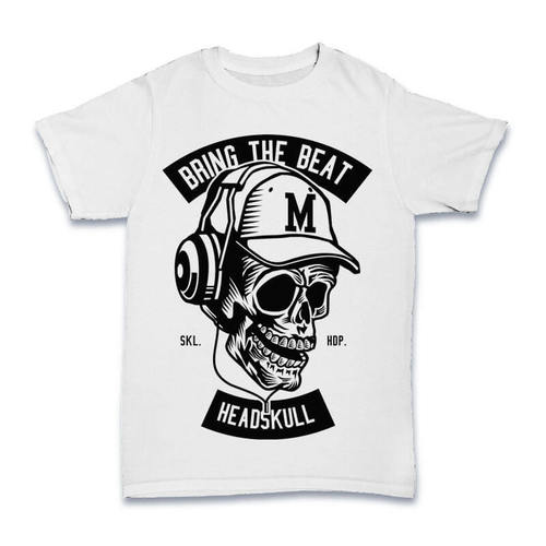 Bring The Beat Head Skull - Cotton, Sizes L-XXL | Men's O-Neck Short Sleeve T-Shirt in White with Printed Design