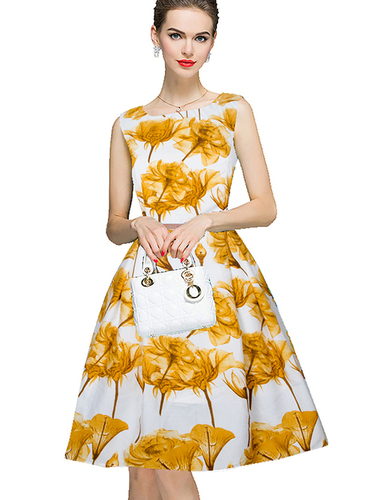 Printed Western Dress - Crepe Material, Sleeveless, 37-39 Inch Length, Available Sizes S-XXL, Yellow Color with Printed Pattern, Washable, No Fade