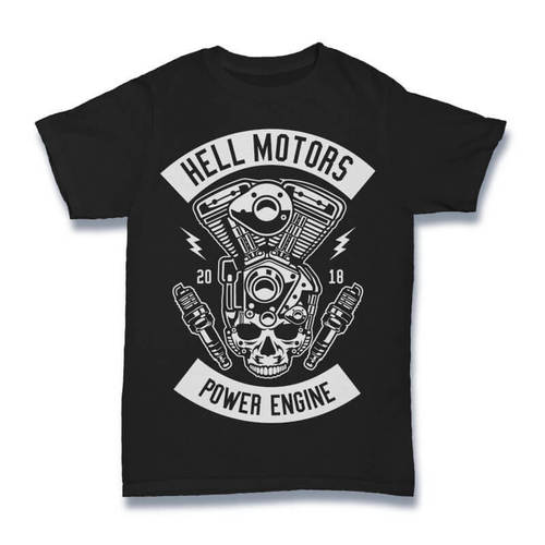 Hell Motors Power Engine T-Shirt - Cotton Material, Size S-XXL , Short Sleeve O-Neck Design in Classic Black Color with Bold Printed Pattern