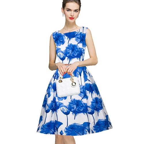 Printed One Piece Dress - Crepe, Sizes S-XXL, Blue Color, Length 37-39 inches | Features: Sleeveless, Modern Design, No Fade, Easy to Wash