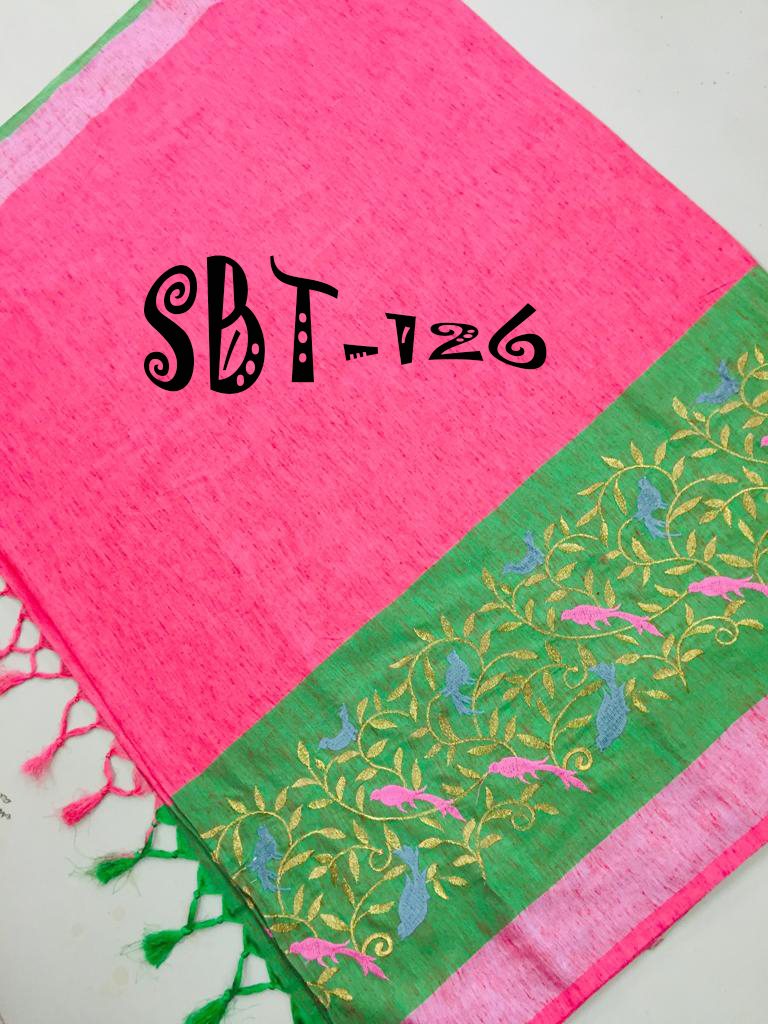 Linen Embroidery Work Saree