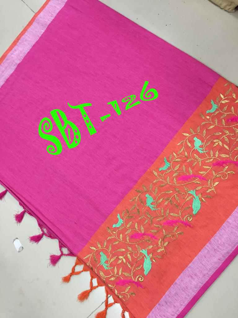 Linen Embroidery Work Saree