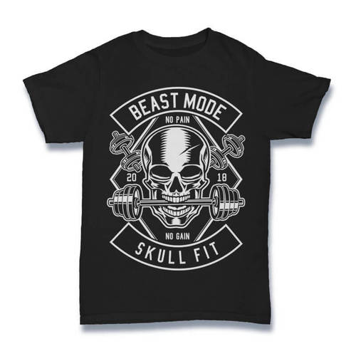 Beast Mode Skull Fit Black Colour T Shirt - Cotton, Size S-XXL, Black , O-Neck, Short Sleeves, Male, Printed Design for Ages 18-45