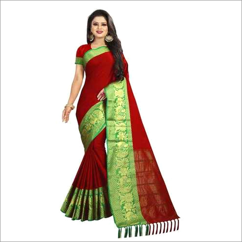 Plain Cotton Silk With Peacock & Flower Jacquard Printed Border Saree
