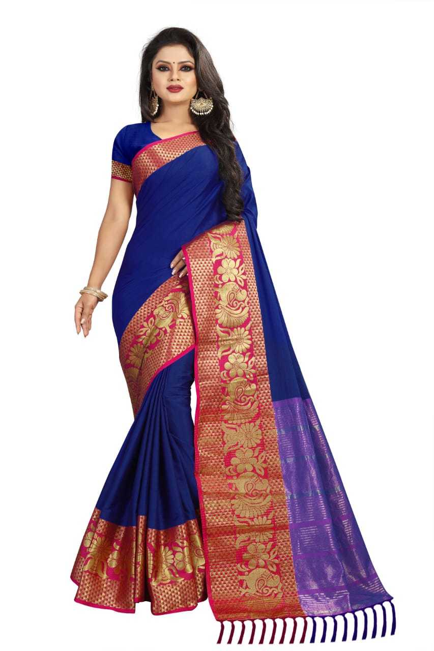 Plain Cotton Silk With Peacock & Flower Jacquard Printed Border Saree
