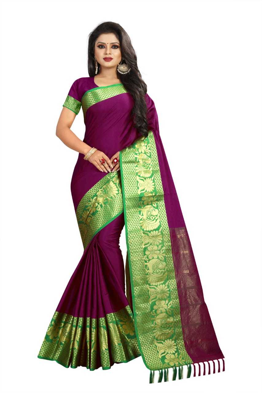 Plain Cotton Silk With Peacock & Flower Jacquard Printed Border Saree