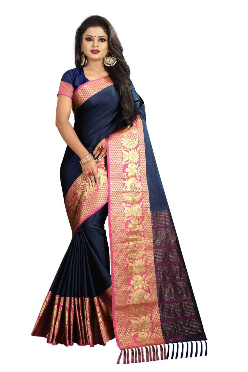 Plain Cotton Silk With Peacock & Flower Jacquard Printed Border Saree
