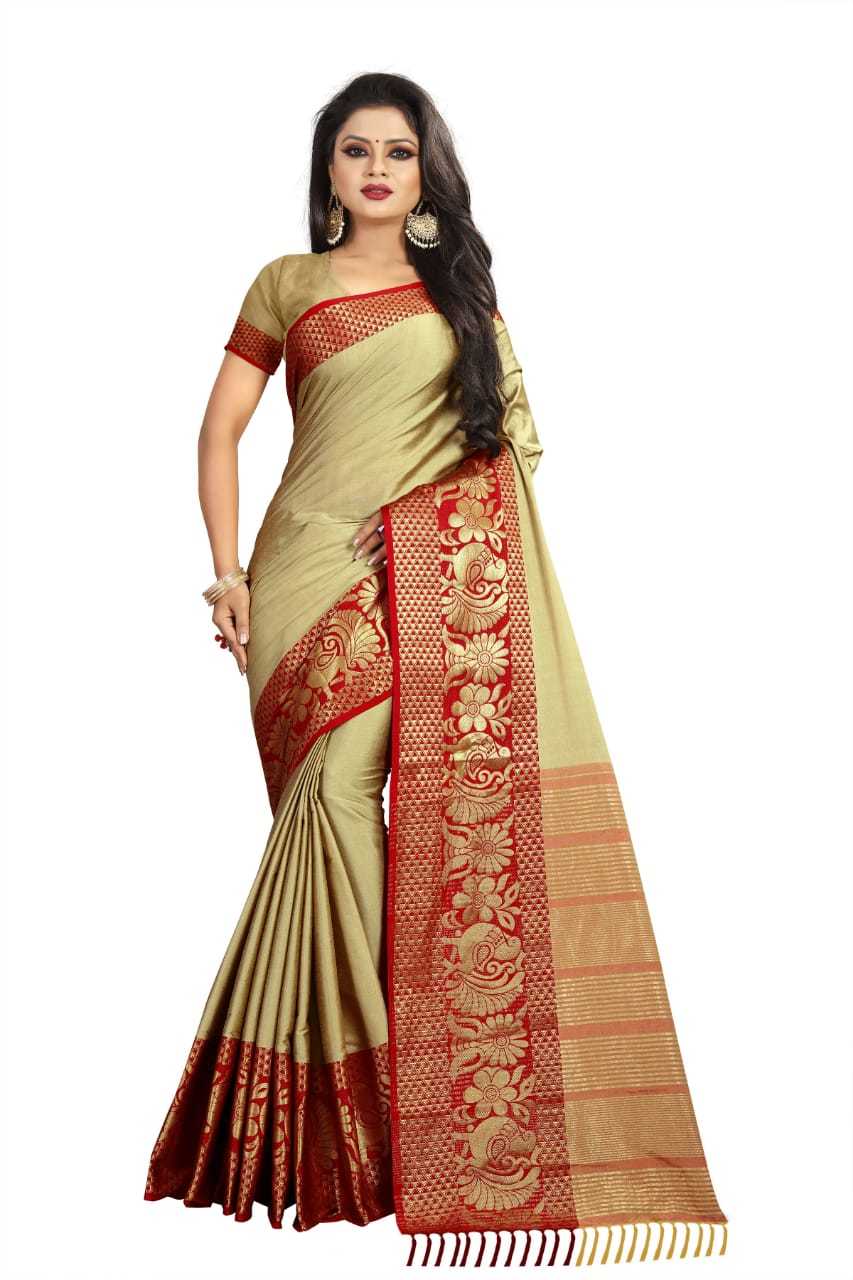 Plain Cotton Silk With Peacock & Flower Jacquard Printed Border Saree