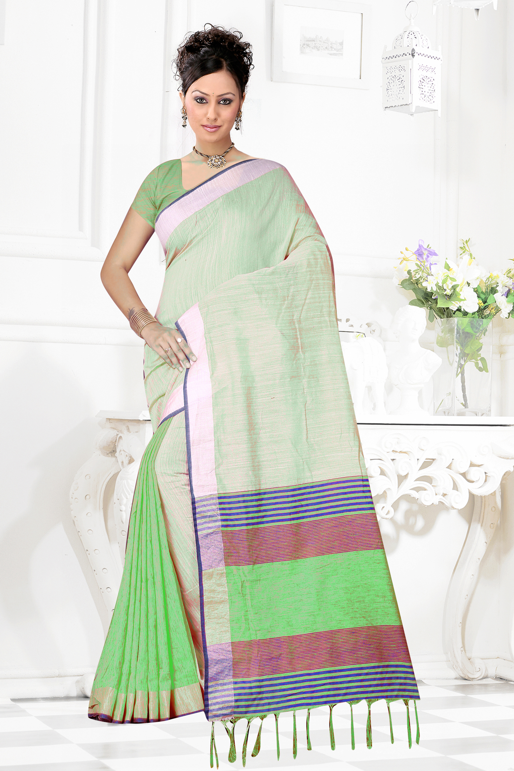 Linen Cotton Saree With Jhalar