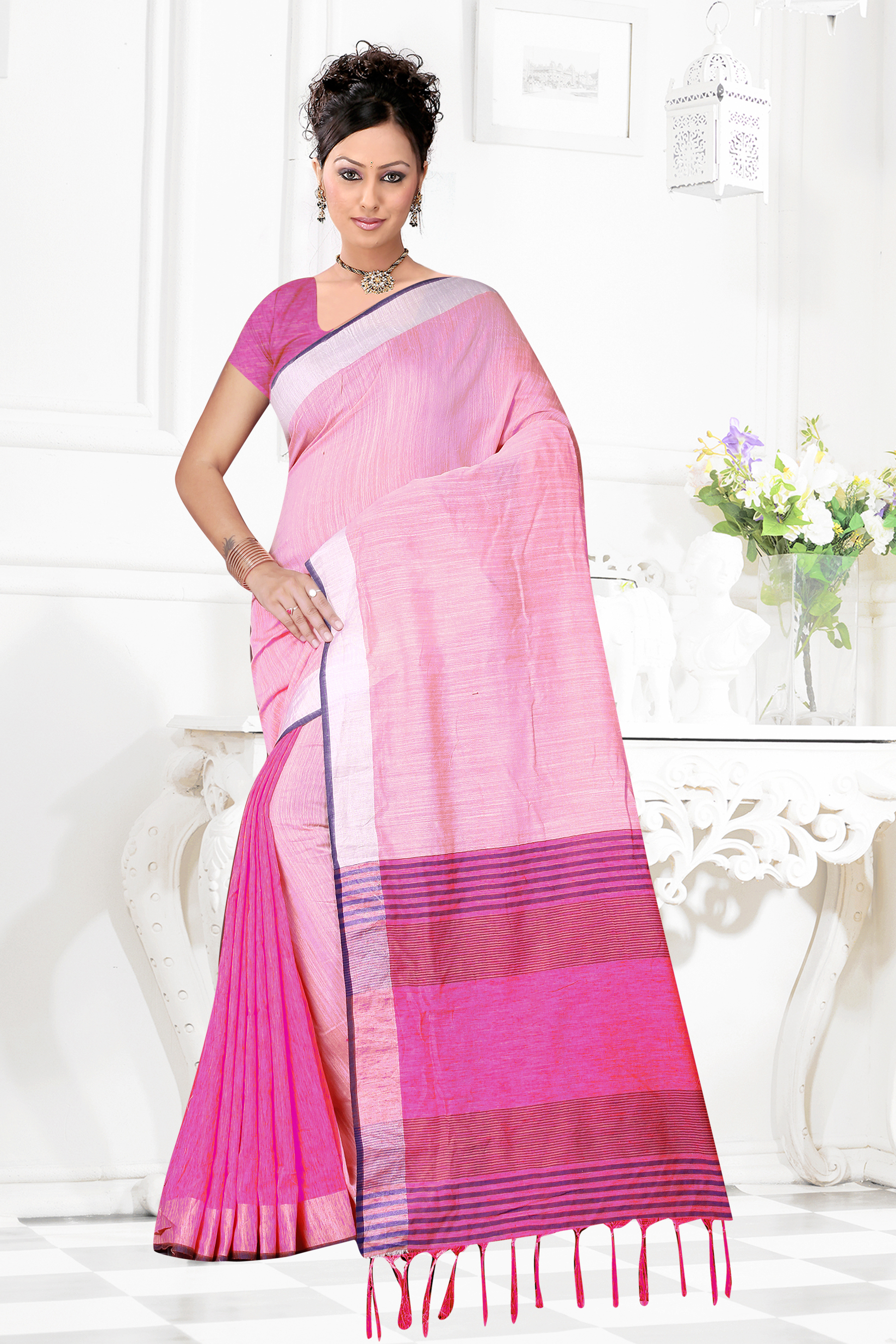 Linen Cotton Saree With Jhalar