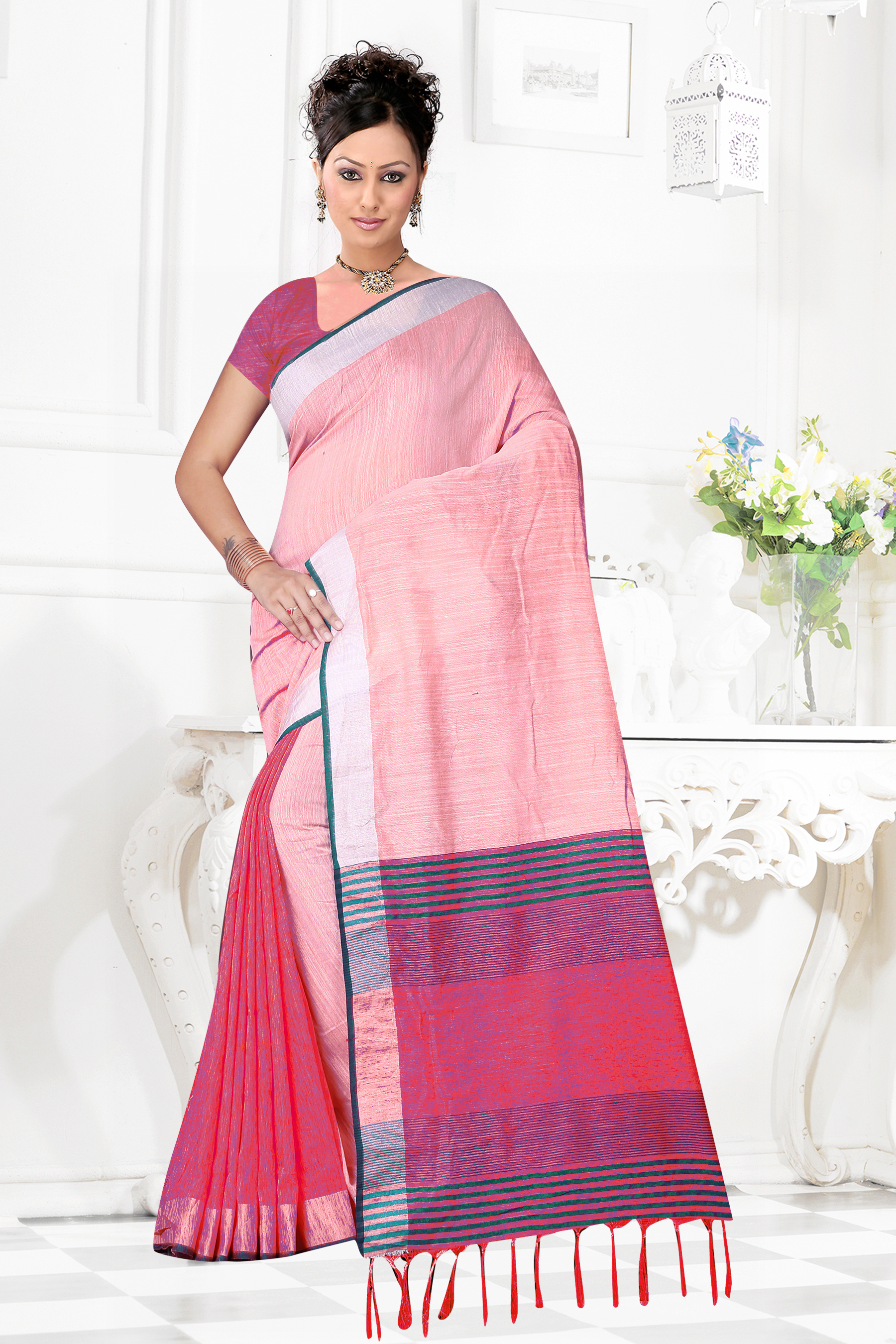 Linen Cotton Saree With Jhalar