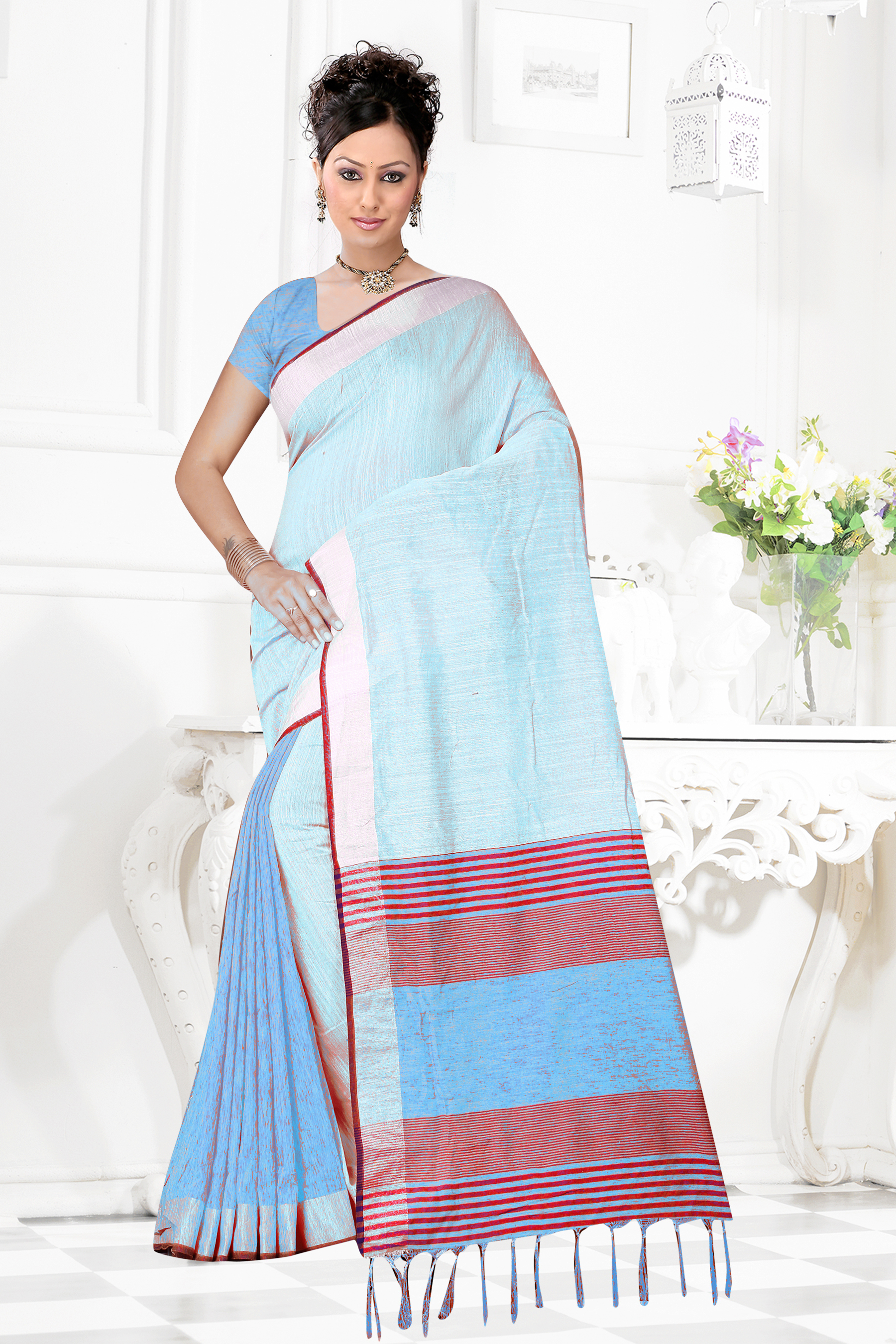 Linen Cotton Saree With Jhalar