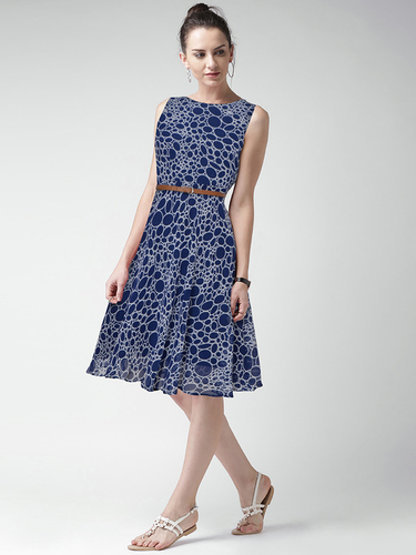 Ladies One Piece Dresses - Georgette, Sizes S-XXL, Blue, 38-39 inches Length | Sleeveless, Summer Wear, Washable, No Fade, Printed Design