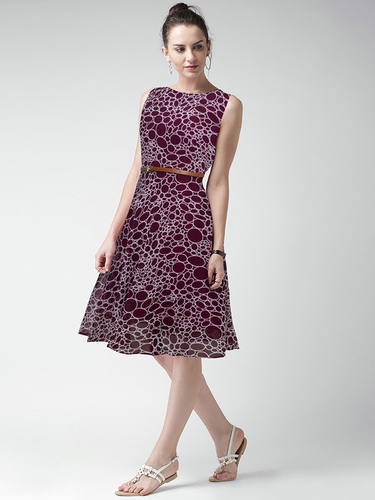 Women Western Dresses - Georgette, 38-39 Inch Length | Wine Color, Casual Dress, Sleeveless, Printed Pattern, All Season Wear