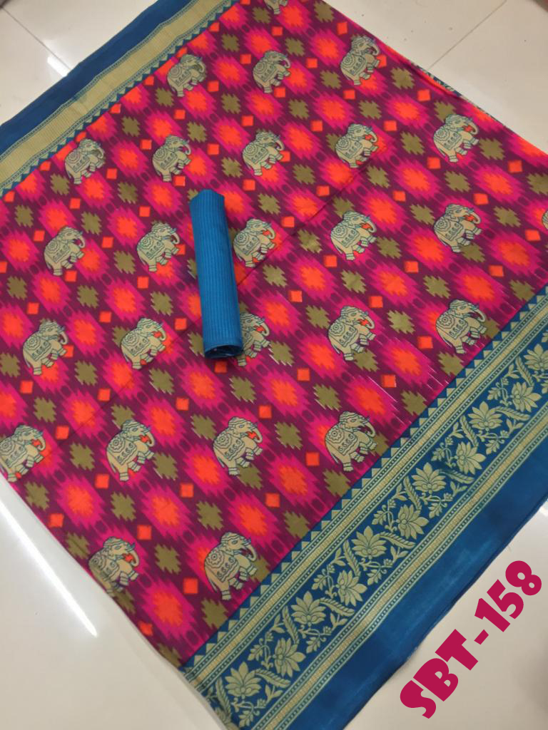 Beautiful Elephant & Flower Printed Art Silk Saree