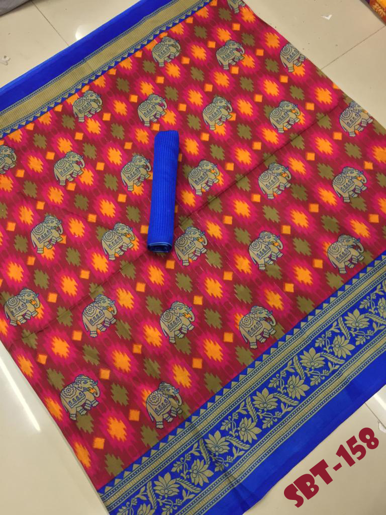 Beautiful Elephant & Flower Printed Art Silk Saree