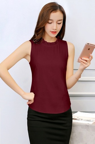 Girl Printed Top - Crepe Material, Sizes S-L, Maroon Color, Short Sleeve, Casual Style | Easy to Wash, All-Season Comfort, Plain Pattern