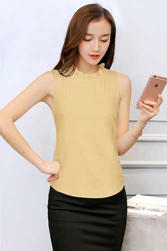 Ladies Western Top - Crepe Material, S, M, L, XL Size, Chiku Color | Sleeveless, Plain Pattern, Casual Style, All-Season, Easy to Wash