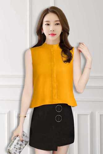 Fancy Designer Top - Rayon, Size M/XL, Yellow Color | Sleeveless Casual Style, Washable, Printed Plain Pattern, All-Season Durability