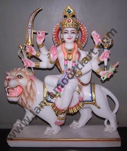 Maa Durga Marble Statue - 12 Inch, Pure White Marble with Pastel Color Enhancements | Customized Features Available, Ideal for Religious Activities and Home Decoration