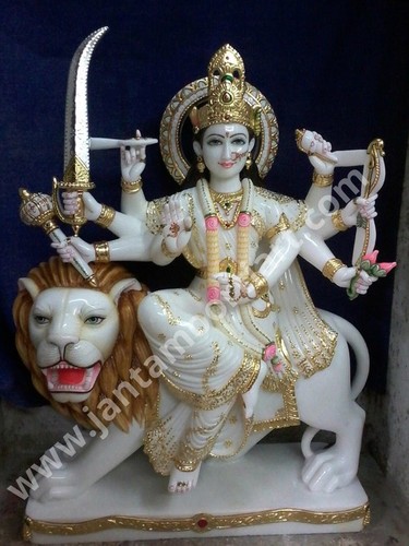 Durga Marble Statue - 12 Inch White Craved and Polished Design | Customizable Color and Logo, Durable for Home and Outdoor Decoration