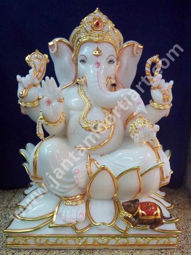 Antique Marble Ganesha Statue - 12 Inch, White Polish Finish | Customizable Color, Logo, Packaging for Home and Outdoor Decoration