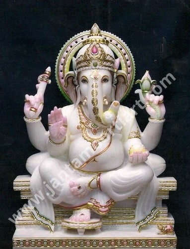 Beautiful Ganesha Statue - Marble, 12 Inches Minimum Size, White Color | Customized Options, Carved and Painted, Ideal for Home and Outdoor Decoration
