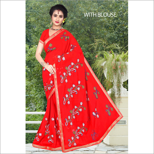Beautiful Embroidery Work Marble Chiffon Saree