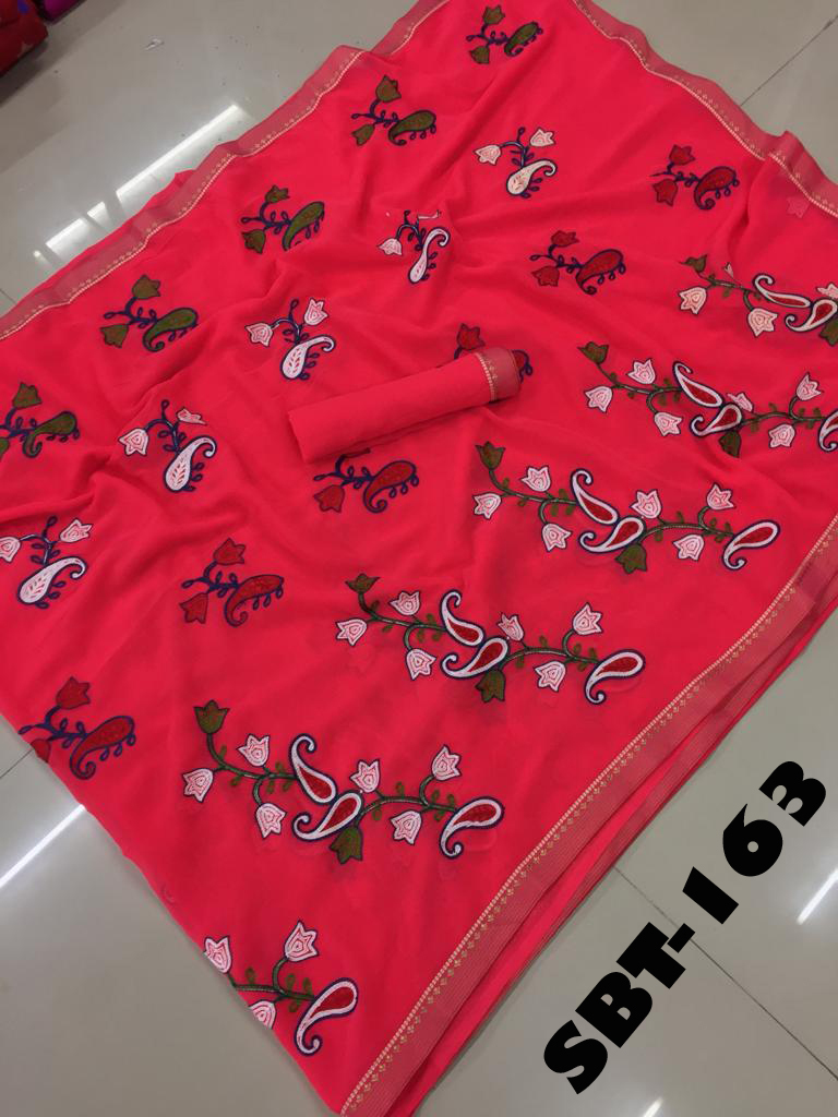 Beautiful Embroidery Work Marble Chiffon Saree