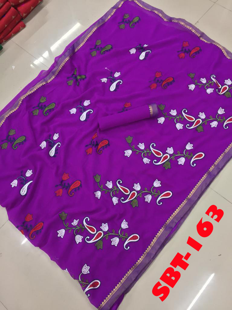 Beautiful Embroidery Work Marble Chiffon Saree