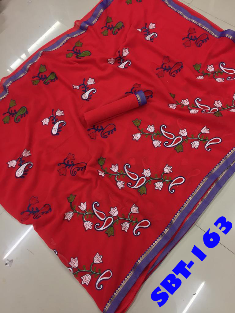 Beautiful Embroidery Work Marble Chiffon Saree