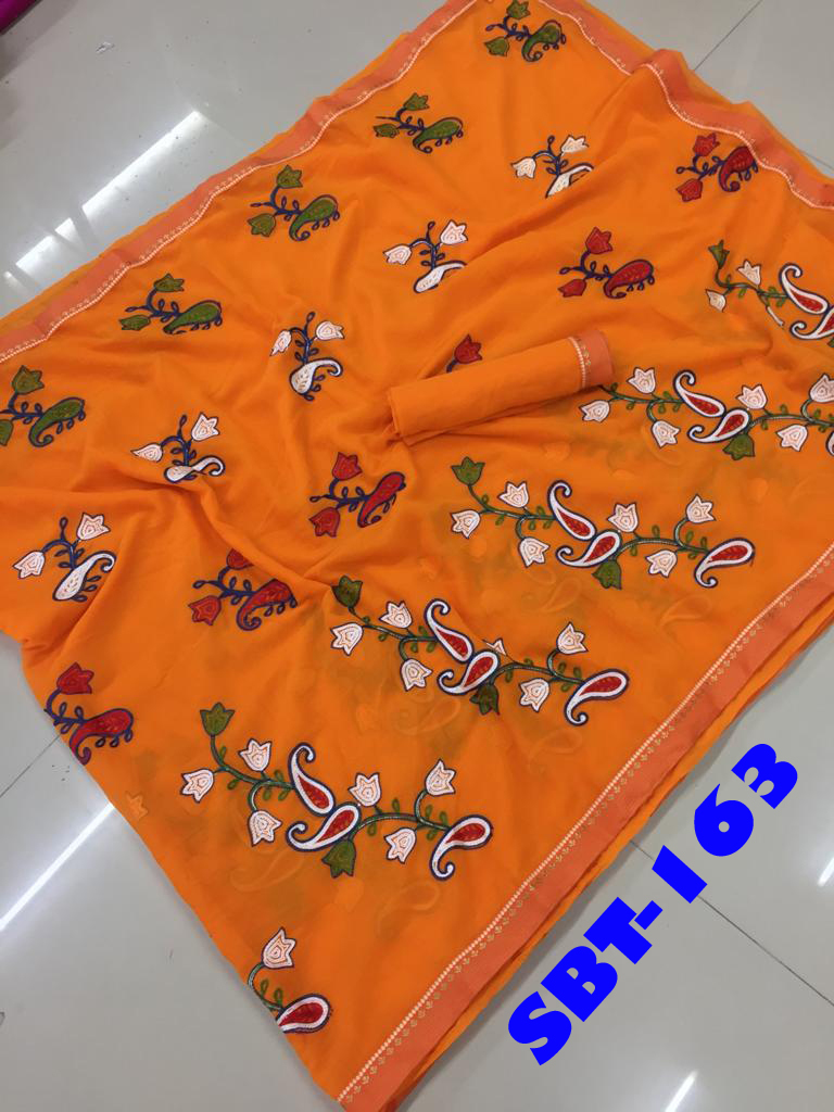 Beautiful Embroidery Work Marble Chiffon Saree