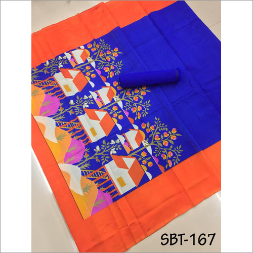 Printed Art Silk Saree With Plain Banglori Blouse