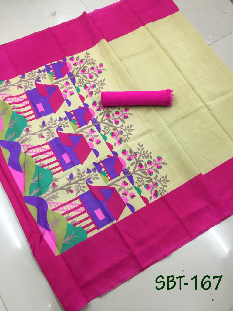 Printed Art Silk Saree With Plain Banglori Blouse