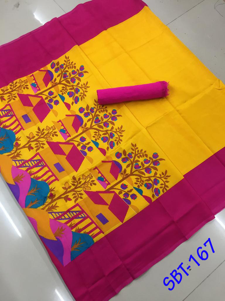 Printed Art Silk Saree With Plain Banglori Blouse