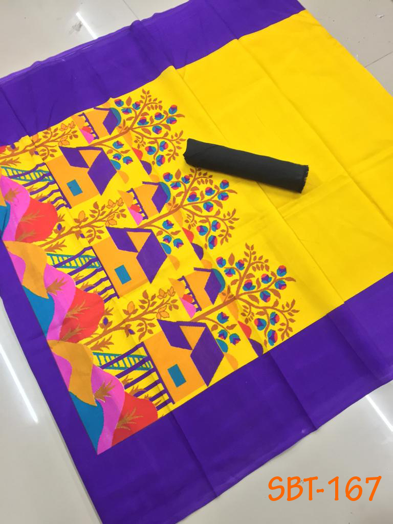 Printed Art Silk Saree With Plain Banglori Blouse
