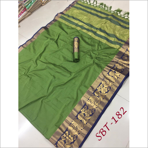 Plain Cotton Silk With Peacock & Flower Jacquard Printed Border Saree